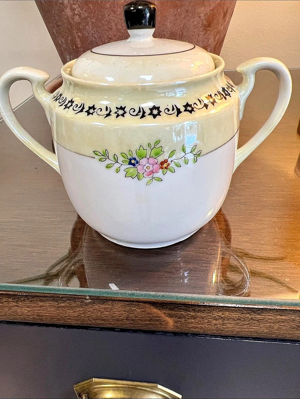 Porcelain sugar bowl CANDLE with lid, vintage Japanese china, floral hand-paint